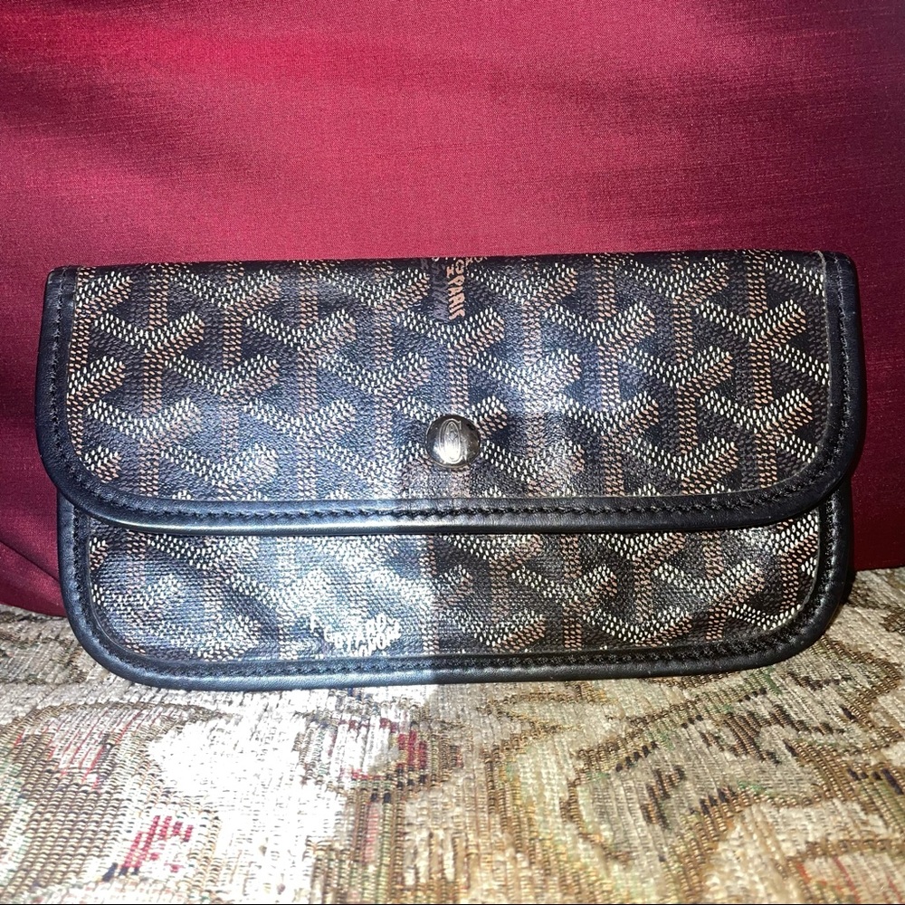 Authentic GOYARD Pouch PVC Leather Black with Brown White Accents